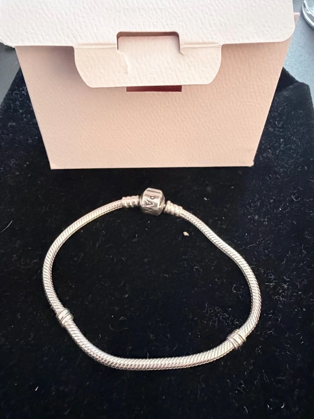 Pandora Moments Sterling Silver Barrel Clasp Snake Chain Bracelet With Box